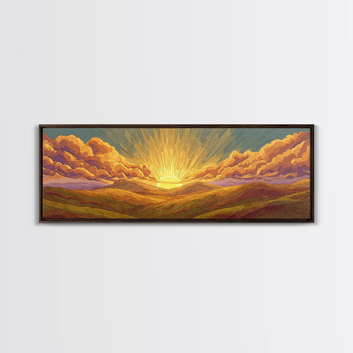 Golden Sunrise Over Desert Valley Framed Canvas Print, Retro Landscape Wall Art, Midcentury Modern Decor, Warm Boho Poster