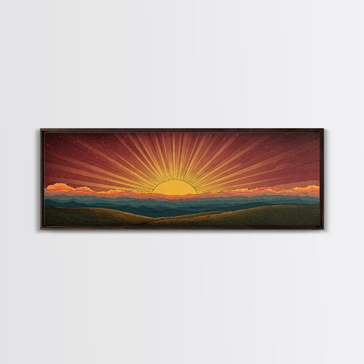 Radiant Orange Sunset Behind Blue Mountains Canvas Print, Midcentury Sun Wall Art, Retro Landscape Decor, MCM Home Poster