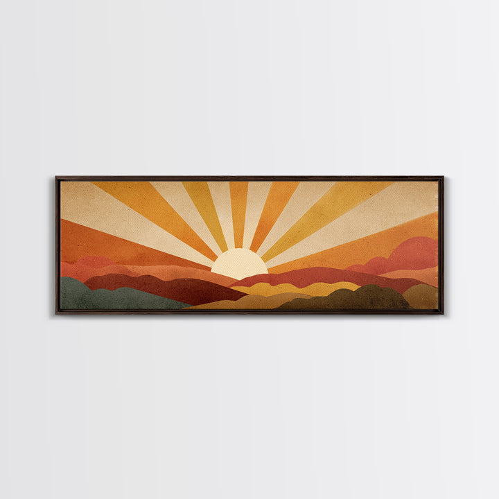 Warm Orange Sun Rays Over Abstract Hills Wall Art, Midcentury Modern Print, Retro Desert Decor, Minimalist Canvas Poster