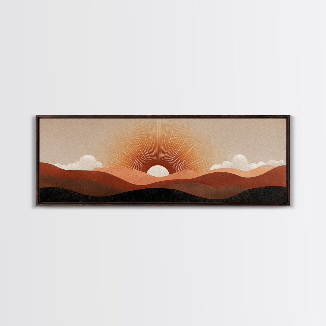 Minimalist Half Sun Over Layered Desert Hills Canvas Print, Midcentury Wall Art, Neutral Retro Decor, Boho Abstract Poster