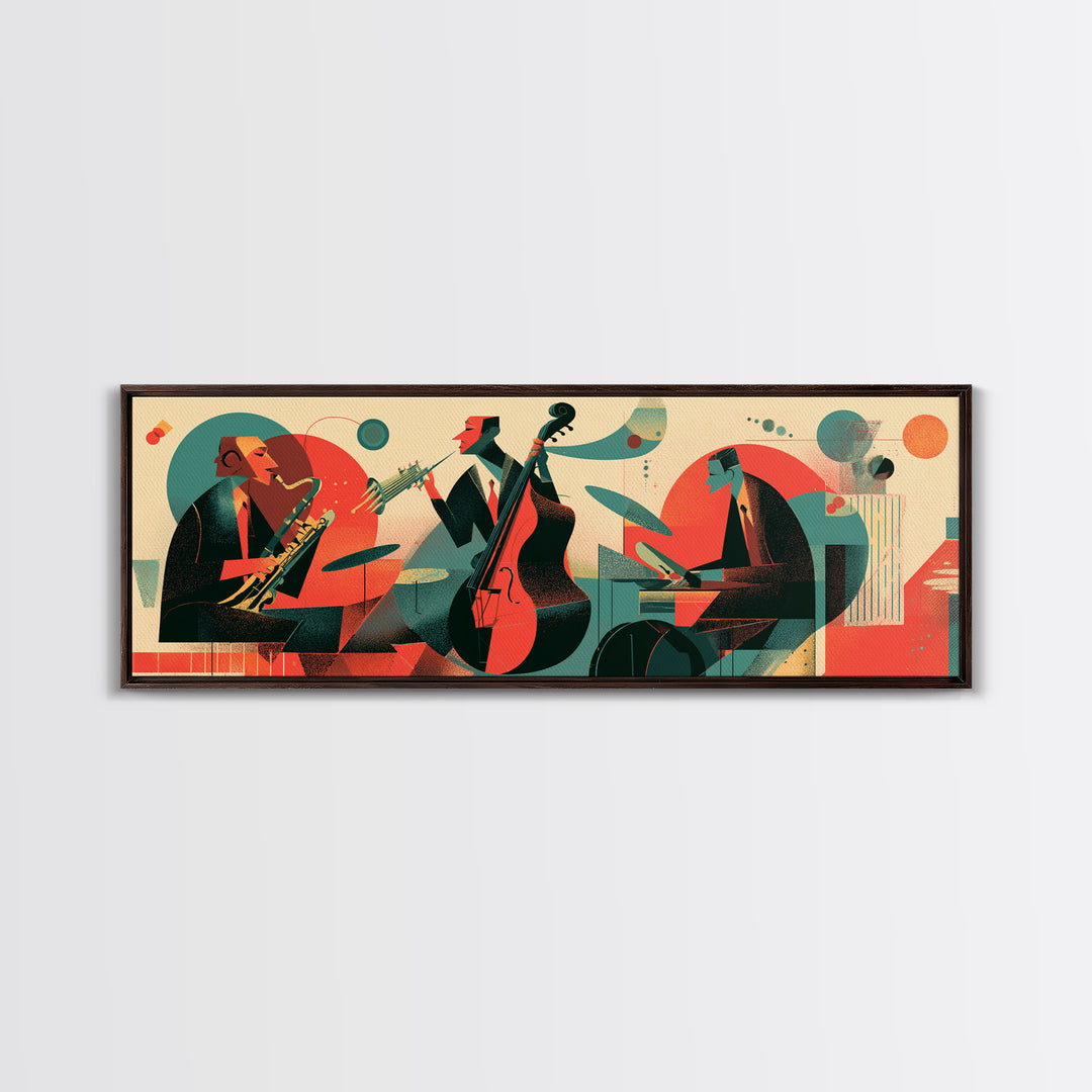 Retro Jazz Club Trio Canvas Print, Midcentury Modern Wall Art, Atomic Music Poster, Bold Abstract Colorful Living Room Decor
