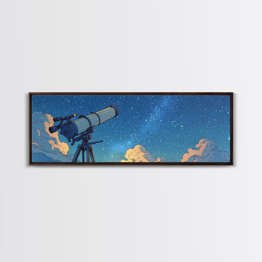 Blue Night Telescope And Stars Canvas Print, Retro Space Poster, Midcentury Wall Art, Astronomy Decor, Modern Art Print, MCM