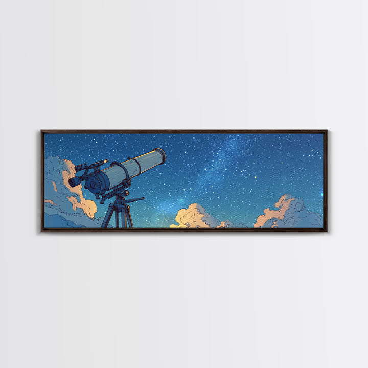 Blue Night Telescope And Stars Canvas Print, Retro Space Poster, Midcentury Wall Art, Astronomy Decor, Modern Art Print, MCM