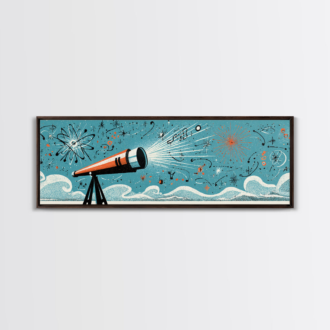 Retro Telescope Beam With Atomic Doodles Wall Art, Midcentury Modern Art, Space Poster, Geometric Wall Decor, Colorful MCM Print