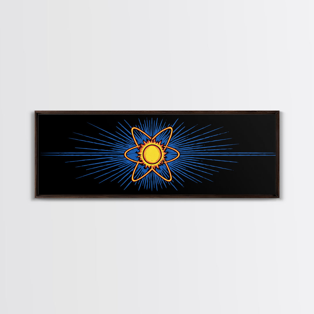 Glowing Atom With Blue Rays Wall Art, Atomic Retro Poster, Midcentury Modern Decor, Space Abstract Art, Geometric MCM Print