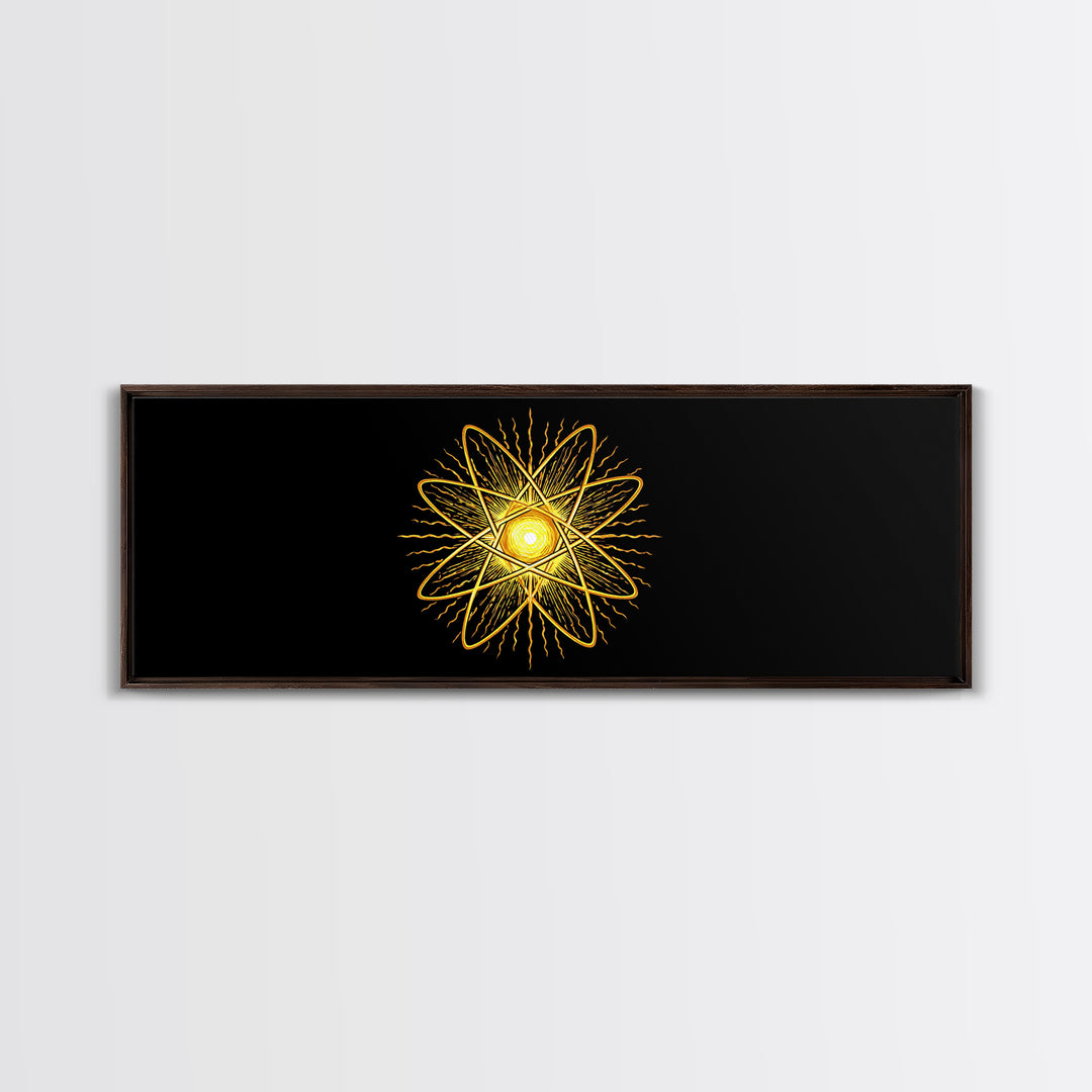 Golden Atomic Star On Black Canvas Print, Midcentury Modern Art, Retro Space Poster, Geometric Wall Decor, MCM Abstract Art