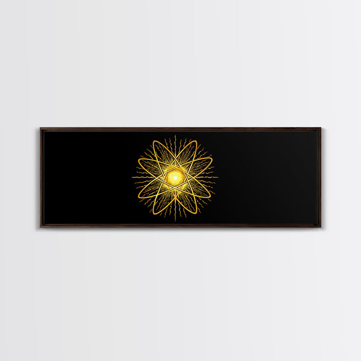 Golden Atomic Star On Black Canvas Print, Midcentury Modern Art, Retro Space Poster, Geometric Wall Decor, MCM Abstract Art