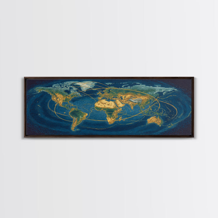 Golden World Map With Orbital Routes Wall Art, Panoramic Modern Art Print, Travel Wall Decor, Office Decor, Blue Gold Poster