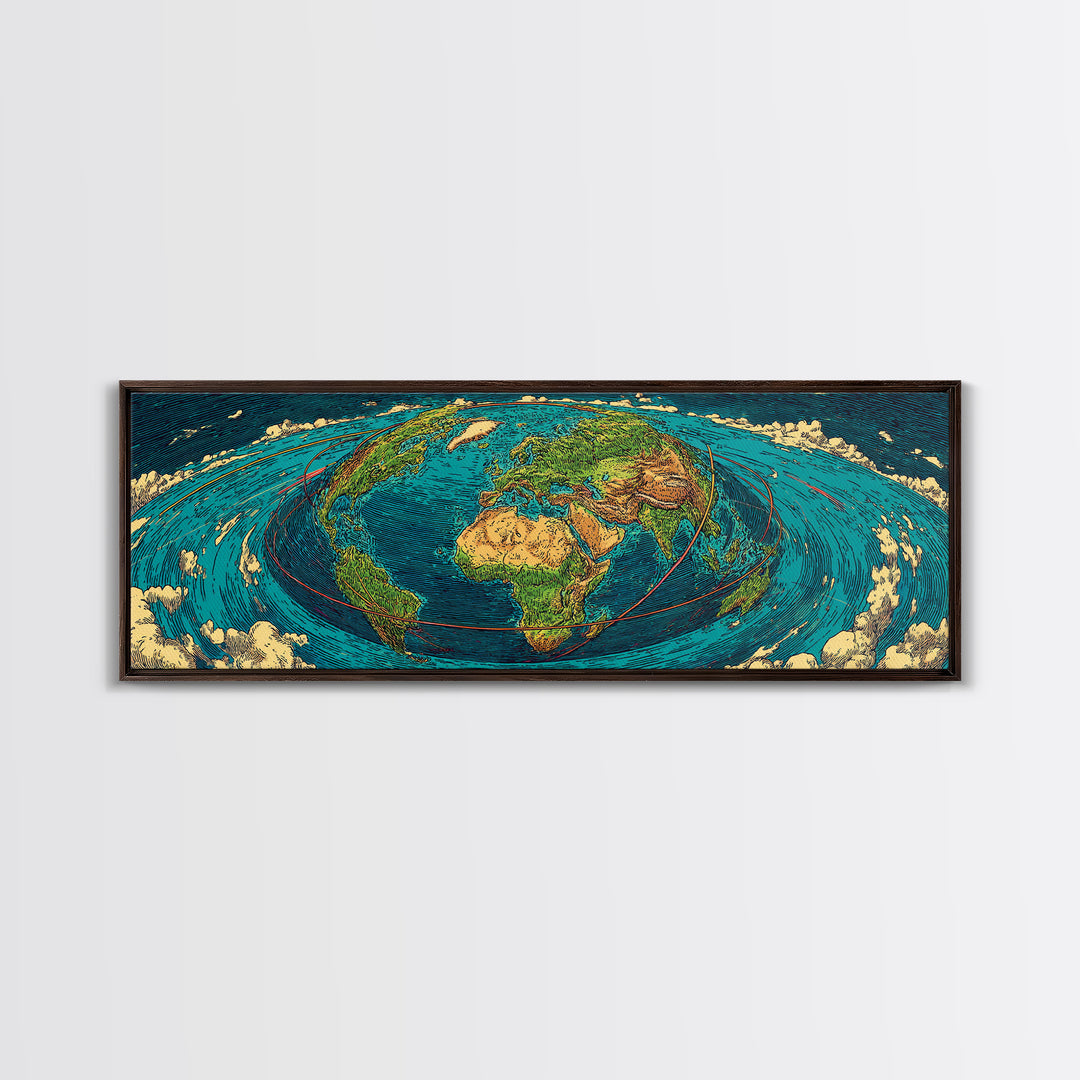 Turquoise Fisheye World Map Canvas Print, Panoramic Travel Wall Art, Modern Home Decor, Office Poster, Blue Green Artwork