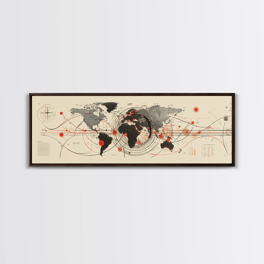 Abstract World Map With Red Orbit Lines Wall Art, Midcentury Modern Art Print, Office Decor, Home Decor, Geometric Travel Poster