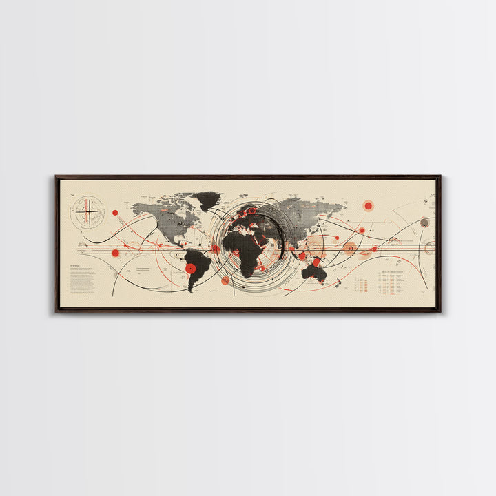 Abstract World Map With Red Orbit Lines Wall Art, Midcentury Modern Art Print, Office Decor, Home Decor, Geometric Travel Poster