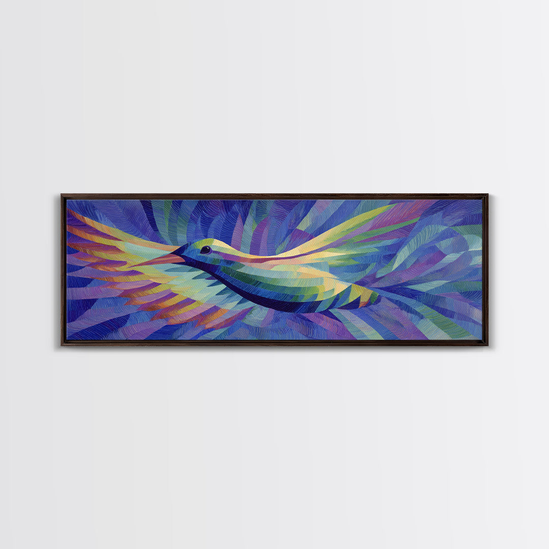 Blue Purple Hummingbird In Flight Canvas Print, Colorful Modern Wall Art, Midcentury Bird Poster, Vibrant Bedroom Decor Print