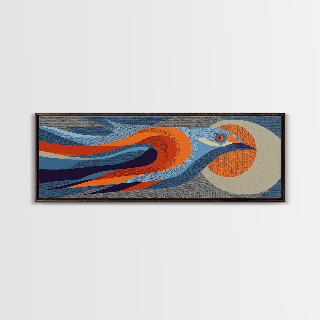 Orange Blue Streamline Bird Canvas Print, Retro Midcentury Wall Art, Geometric Wildlife Poster, Modern Home Decor For Living Room