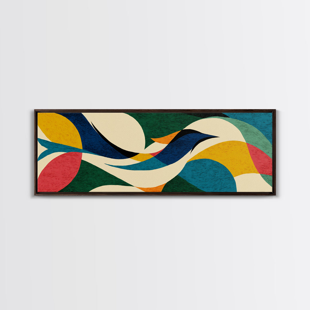 Cream Teal Abstract Flying Bird Wall Art, Midcentury Modern Canvas Print, Colorful Geometric Poster, Boho Home Decor Print Gift
