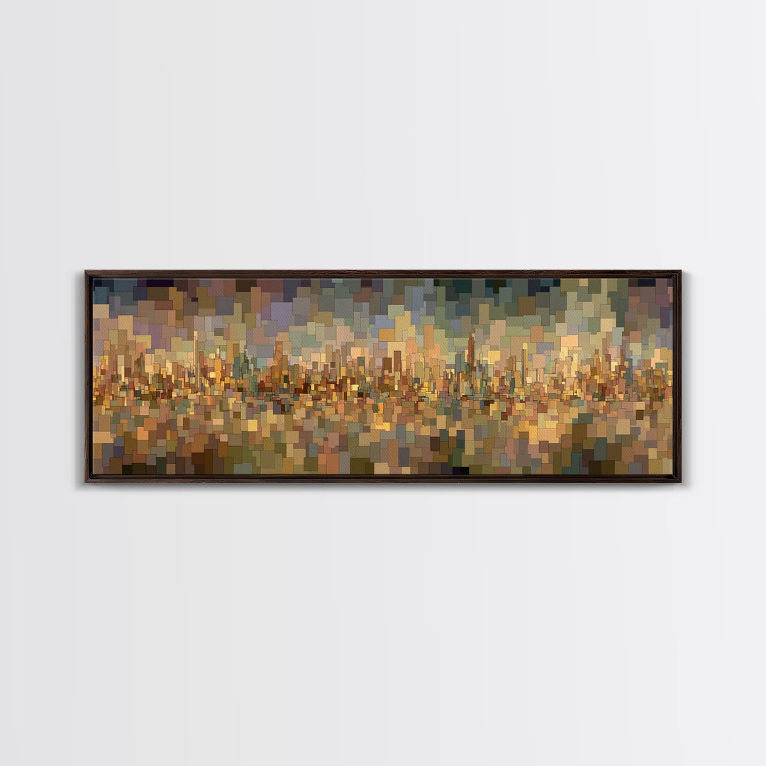 Golden Abstract City Reflection Wall Art, Modern Urban Panorama Print, Midcentury Modern Decor, Large Living Room Art Decor