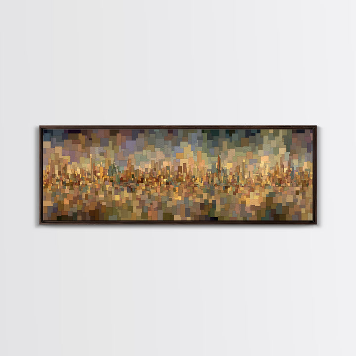 Golden Abstract City Reflection Wall Art, Modern Urban Panorama Print, Midcentury Modern Decor, Large Living Room Art Decor