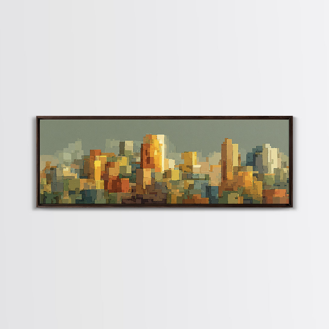 Sage Green Abstract City Skyline Framed Canvas Print, Midcentury Modern Wall Art, Urban Home Decor, Office Art Print Gift