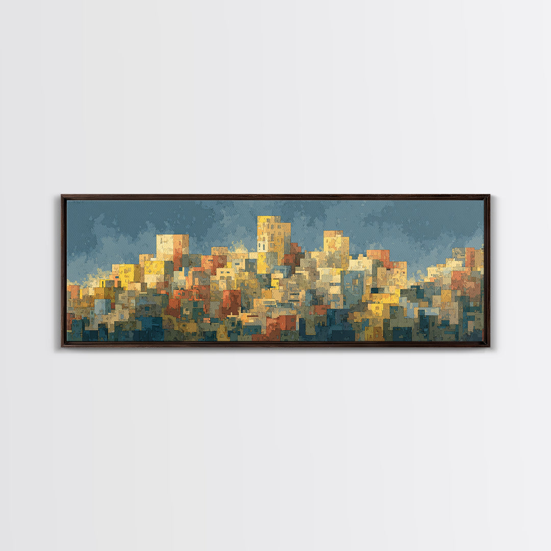 Sunlit Abstract City Skyline Wall Art, Blue And Yellow Urban Print, Midcentury Modern Decor, Living Room Office Art Decor