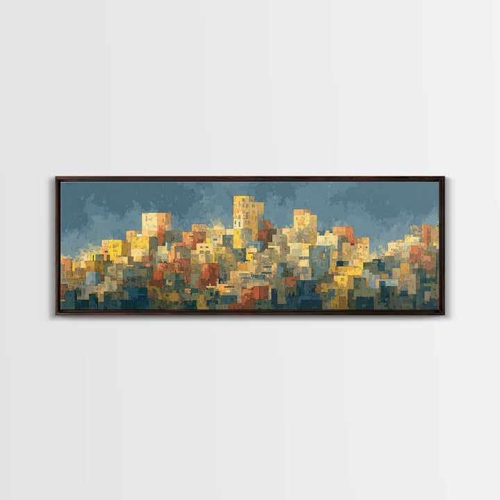 Sunlit Abstract City Skyline Wall Art, Blue And Yellow Urban Print, Midcentury Modern Decor, Living Room Office Art Decor