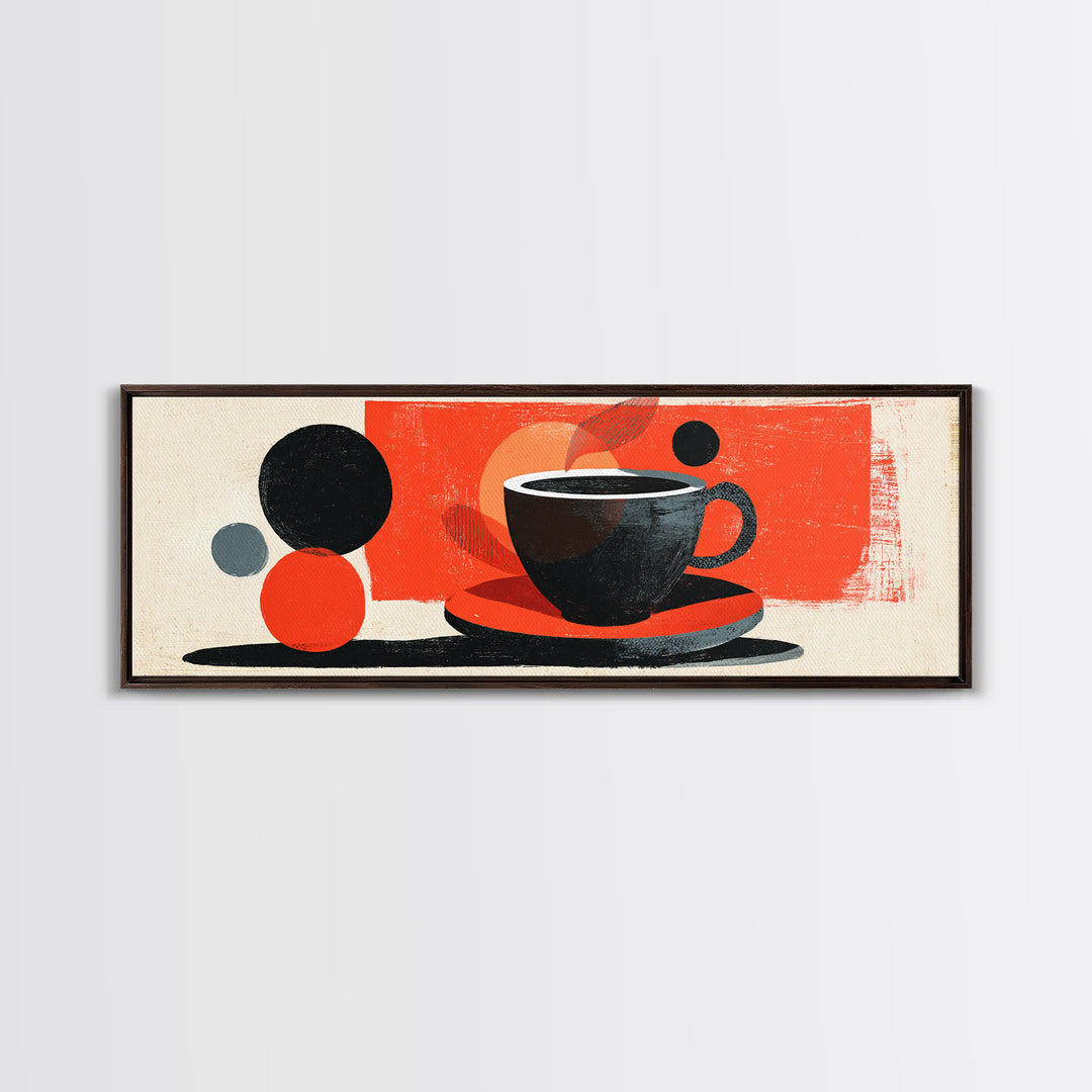 Minimal Black Coffee Cup With Red Circles Wall Art, Bauhaus Modern Kitchen Decor, Midcentury Abstract Cafe Poster Print Gift