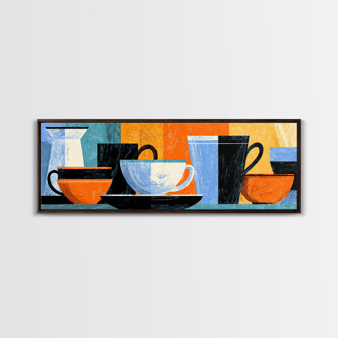 Modern Coffee Cups And Bowls Framed Canvas Print, Retro Kitchen Wall Decor, Midcentury Geometric Cafe Art For Dining Room