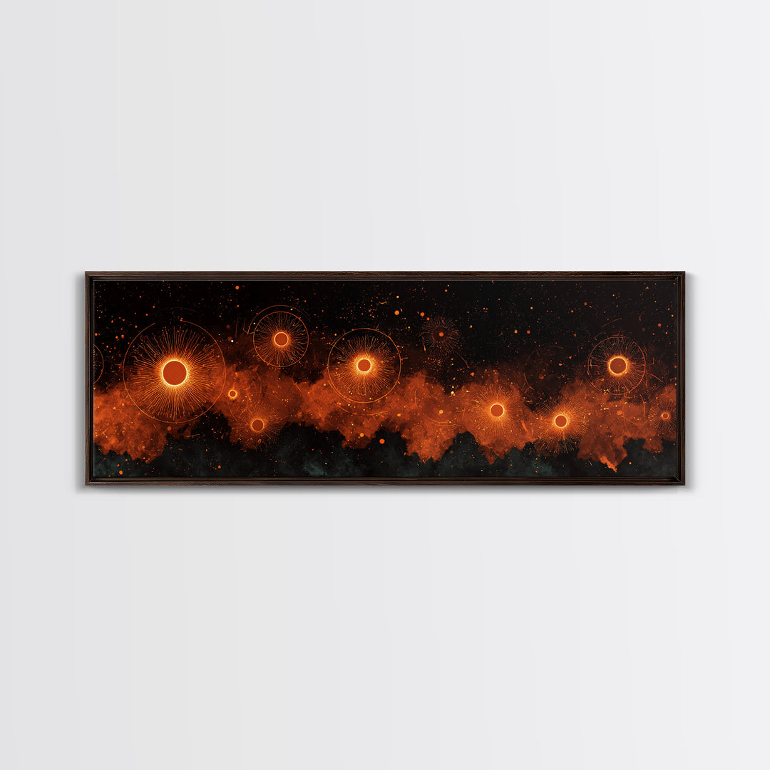 Glowing Orange Cosmic Suns Canvas Print, Space Abstract Wall Art, Modern Retro Poster, Moody Bedroom Office Decor Artwork