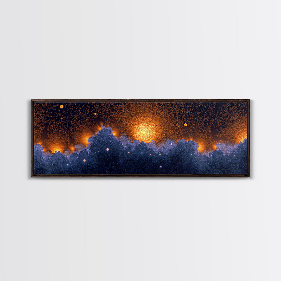 Golden Sun Over Blue Forest Wall Art, Cosmic Nature Canvas Print, Modern Abstract Poster, Moody Bedroom Office Decor Artwork
