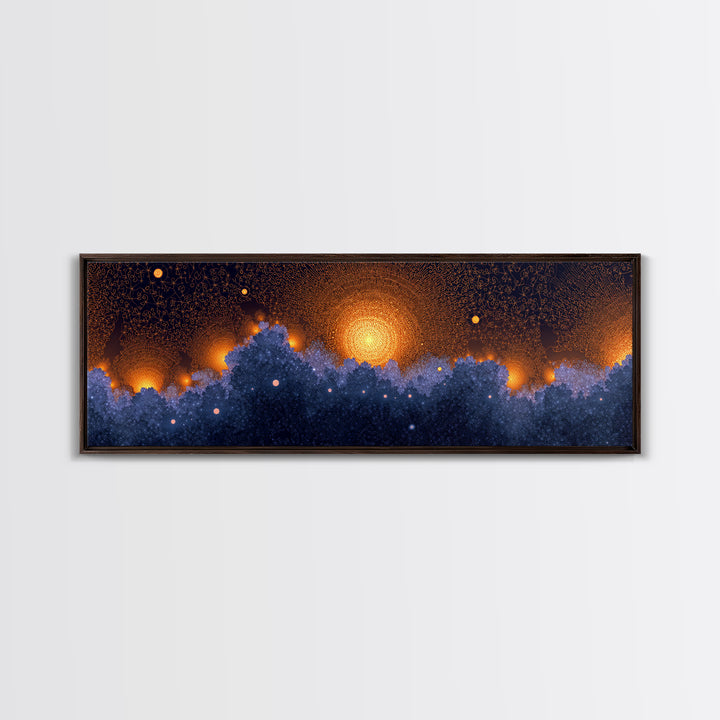 Golden Sun Over Blue Forest Wall Art, Cosmic Nature Canvas Print, Modern Abstract Poster, Moody Bedroom Office Decor Artwork