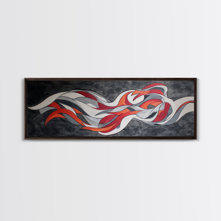 Flowing Red White Silver Ribbons Wall Art, Abstract Midcentury Modern Canvas Print, Retro Mcm Decor, Large Horizontal Art