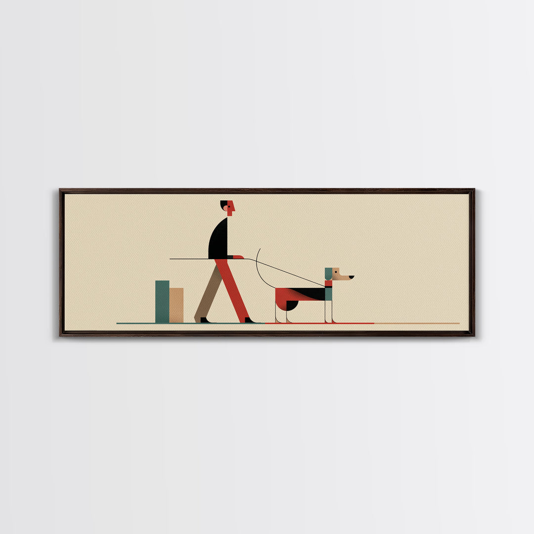 Minimal Man Walking Dog Framed Canvas Print, Mid Century Modern Art, Scandinavian Modern Wall Decor, Geometric Home Decor