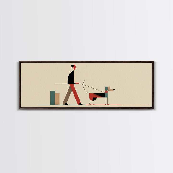 Minimal Man Walking Dog Framed Canvas Print, Mid Century Modern Art, Scandinavian Modern Wall Decor, Geometric Home Decor