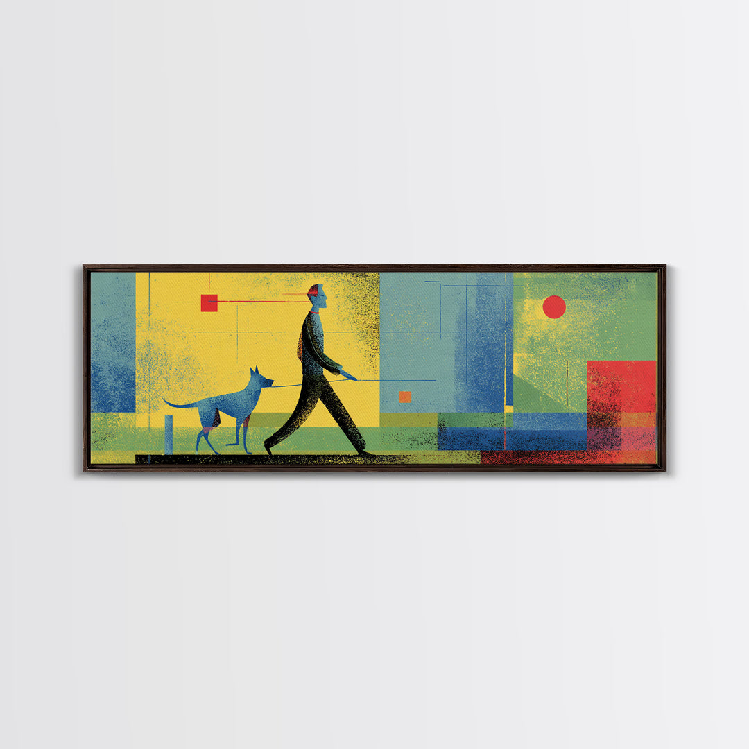 Textured Blue Dog Walker Wall Art, Mid Century Modern Canvas, Colorful Geometric Poster, Retro Abstract Living Room Decor
