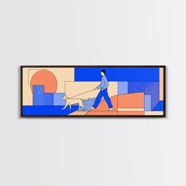 Minimal Blue Dog Walker Wall Art, Mid Century Modern Print, Scandinavian Geometric Decor, Coral Blue Home Office Art, Apartment Decor