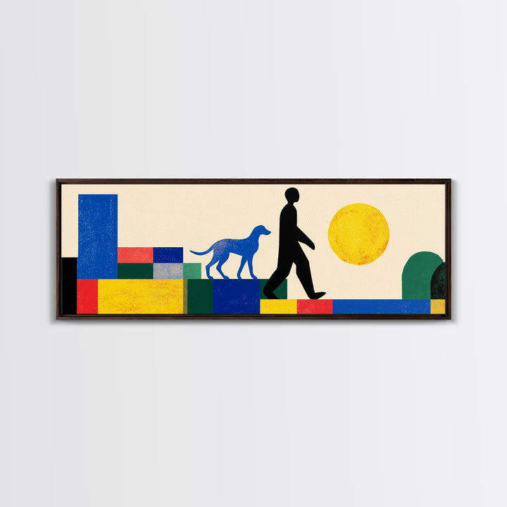 Sunny Geometric Dog Walker Wall Art, Mid Century Modern Canvas Print, Bold Primary Color Decor, Retro MCM Living Room Art
