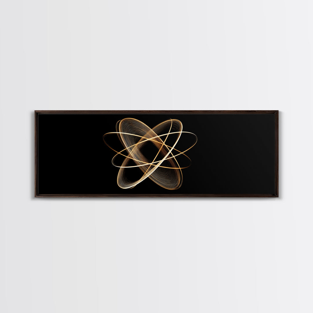 Gold Atomic Orbit Abstract Framed Canvas Print, Midcentury Modern Wall Art, Space Abstract Art, Retro Office Decor, Black Gold Decor