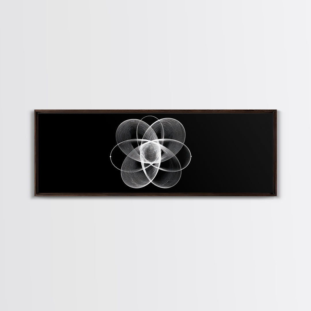 White Orbital Flower Abstract Wall Art, Modern Geometric Canvas, Black And White Midcentury Decor, Office Statement Print