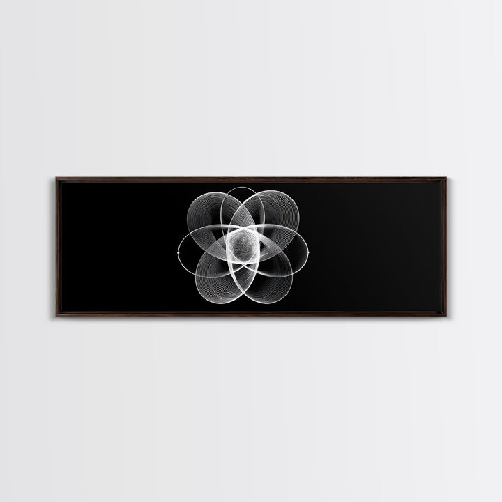White Orbital Flower Abstract Wall Art, Modern Geometric Canvas, Black And White Midcentury Decor, Office Statement Print