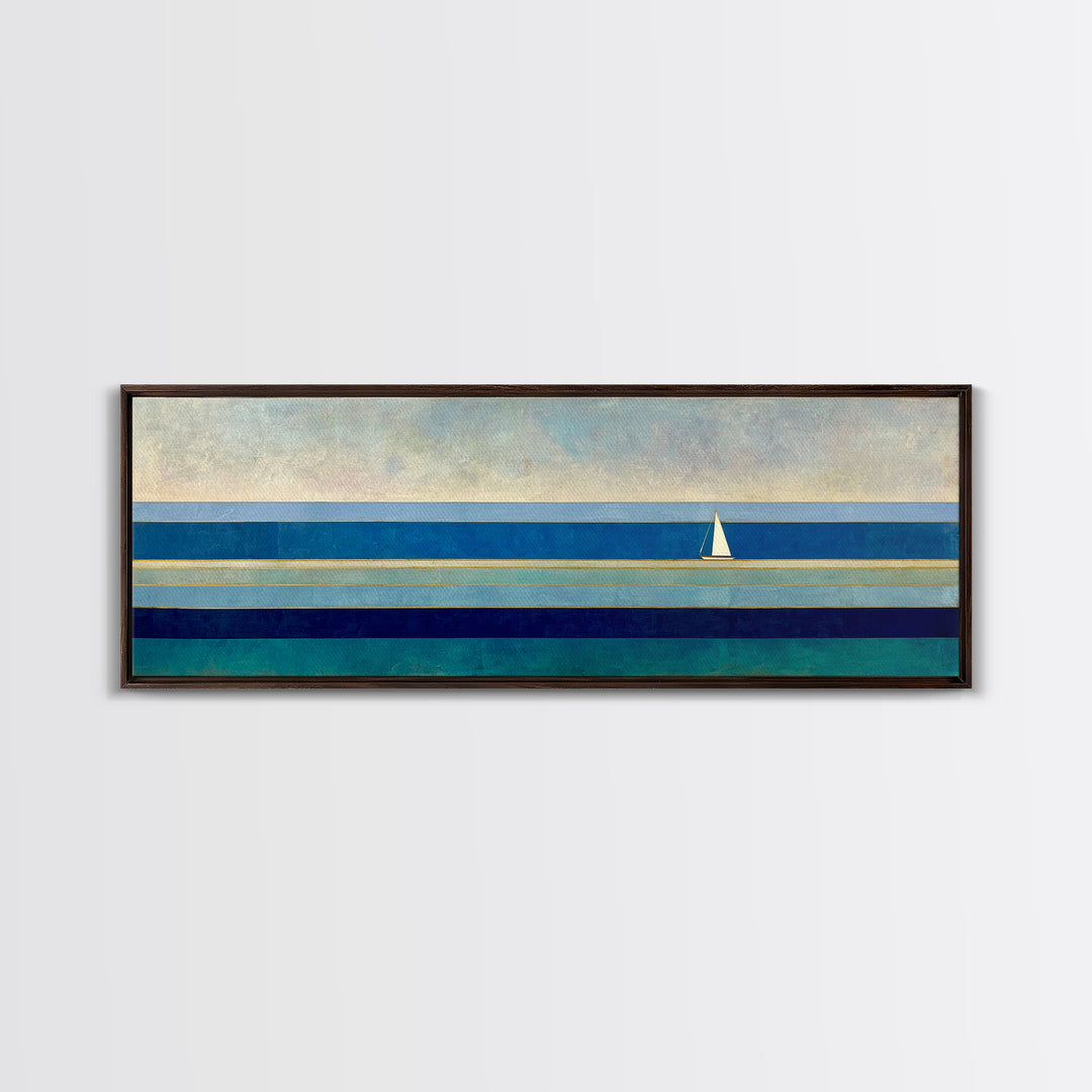 Minimal Sailboat Seascape Wall Art, Midcentury Modern Coastal Print, Blue Nautical Living Room Decor, Ocean Canvas Art Print