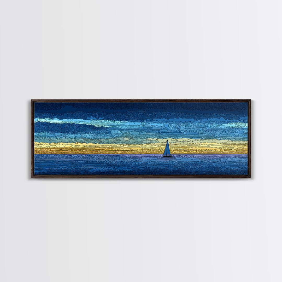 Tiny Sailboat On Golden Blue Horizon Canvas Print, Panoramic Seascape Wall Decor, Coastal Modern Art For Living Room Decor