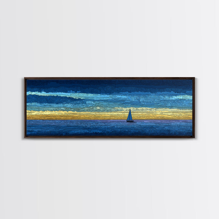 Tiny Sailboat On Golden Blue Horizon Canvas Print, Panoramic Seascape Wall Decor, Coastal Modern Art For Living Room Decor