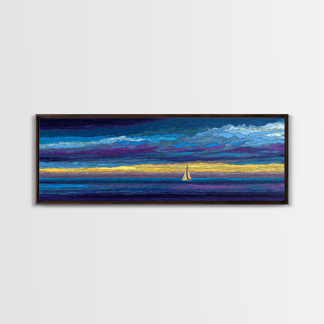 White Sailboat Under Stormy Purple Sky Framed Canvas Print, Panoramic Ocean Wall Art, Coastal Decor, Modern Blue Seascape