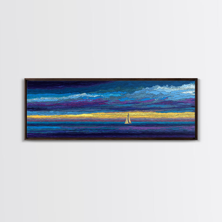 White Sailboat Under Stormy Purple Sky Framed Canvas Print, Panoramic Ocean Wall Art, Coastal Decor, Modern Blue Seascape