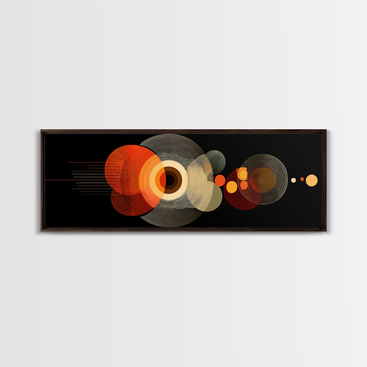 Orange Optical Circles On Black Wall Art, Midcentury Modern Geometric Canvas Print, Atomic Abstract Retro Home Decor Poster