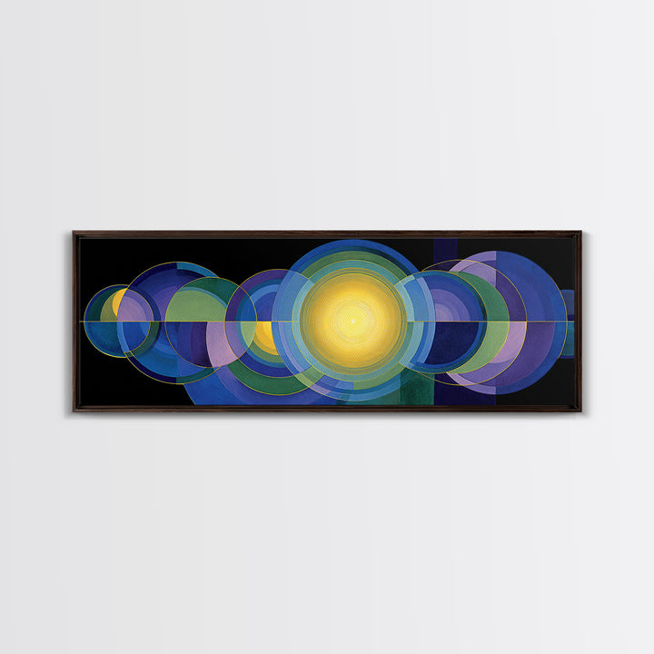 Radiant Yellow Center With Blue Green Circles Wall Art, Midcentury Modern Canvas Print, Geometric Abstract Statement Decor