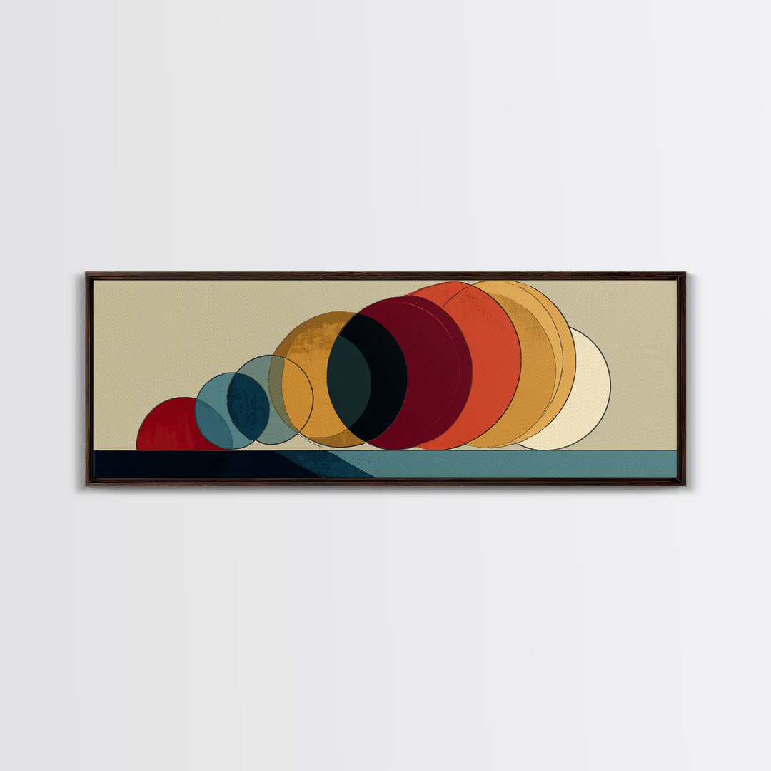 Overlapping Retro Circles In Ochre Red Blue And Cream Canvas Print, Midcentury Modern Art Print, Bauhaus MCM Wall Decor Poster