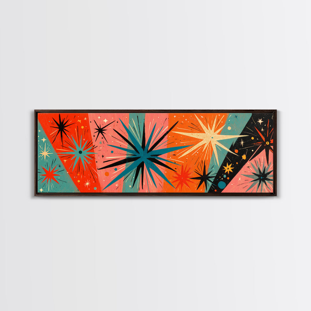Orange Teal Atomic Starbursts On Coral And Black Canvas Print, Midcentury Modern Wall Art, Retro 50s 60s Home Decor Poster