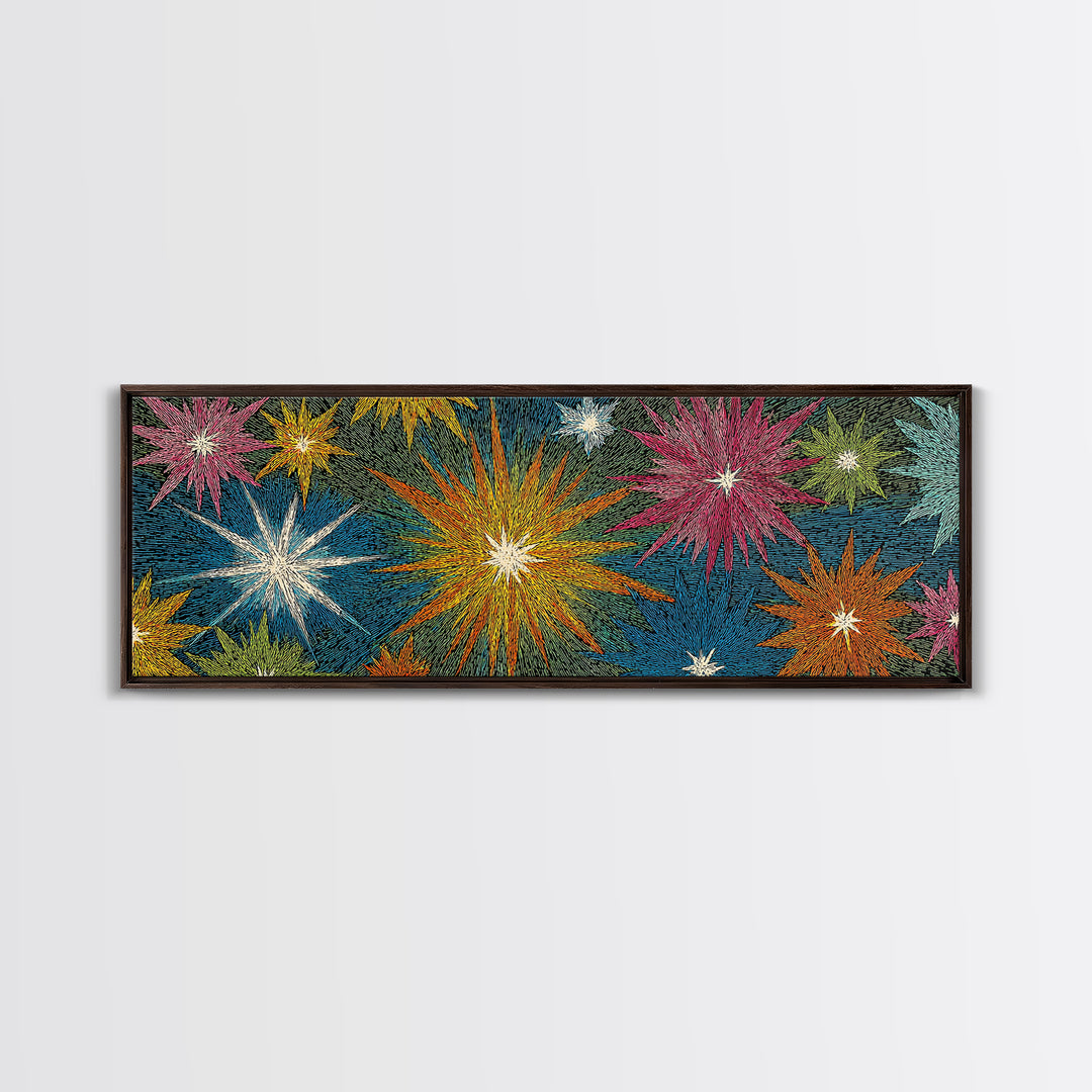 Scratchy Neon Fireworks In Pink Yellow Blue And Green Wall Art, Retro Atomic Starburst Print, Midcentury Modern Home Decor