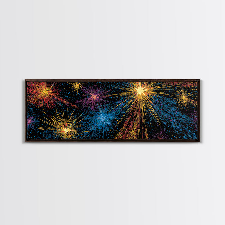 Dark Cosmic Fireworks With Blue Orange Purple And Gold Canvas Print, Retro Space Abstract Wall Art, Midcentury Modern Decor