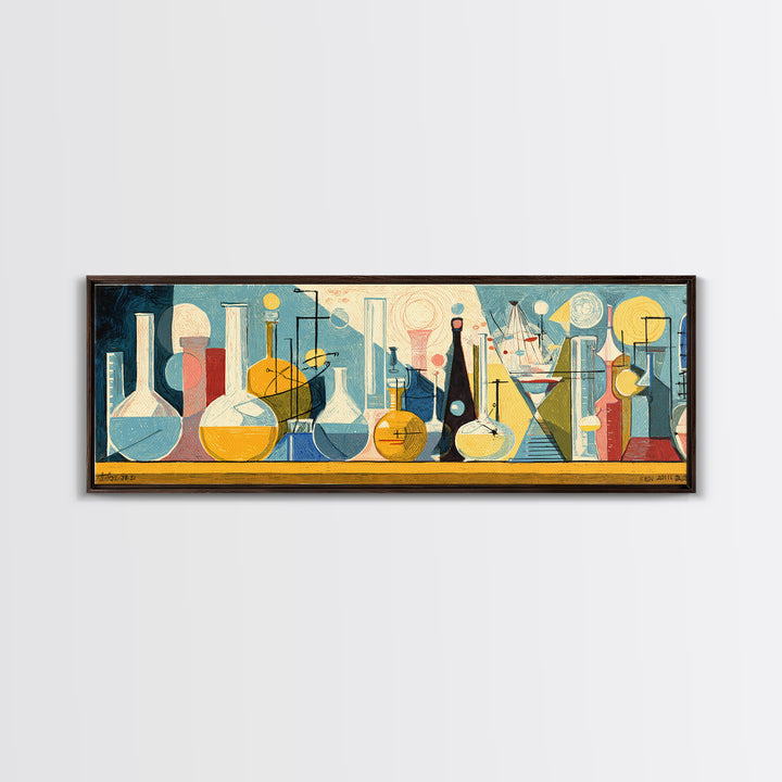 Modernist Laboratory Bottles And Beakers In Aqua Gold And Red Framed Canvas Print, Midcentury Modern Wall Art, Science Decor