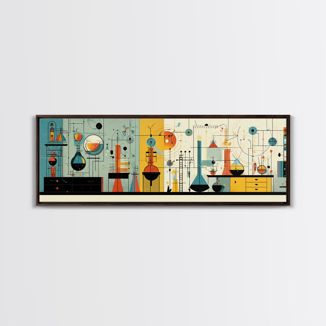 Atomic Science Instruments With Beakers Charts And Geometric Lines Canvas Print, Midcentury Modern Wall Art, Retro Lab Decor